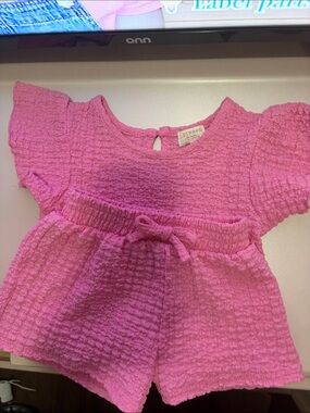 Bright Pink Textured Girls' Two-Piece Top & Shorts Set -